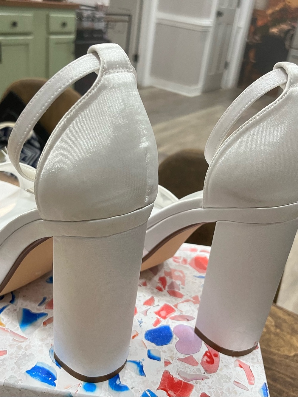 White Satin Block Heel Sandals - Women’s Size 10